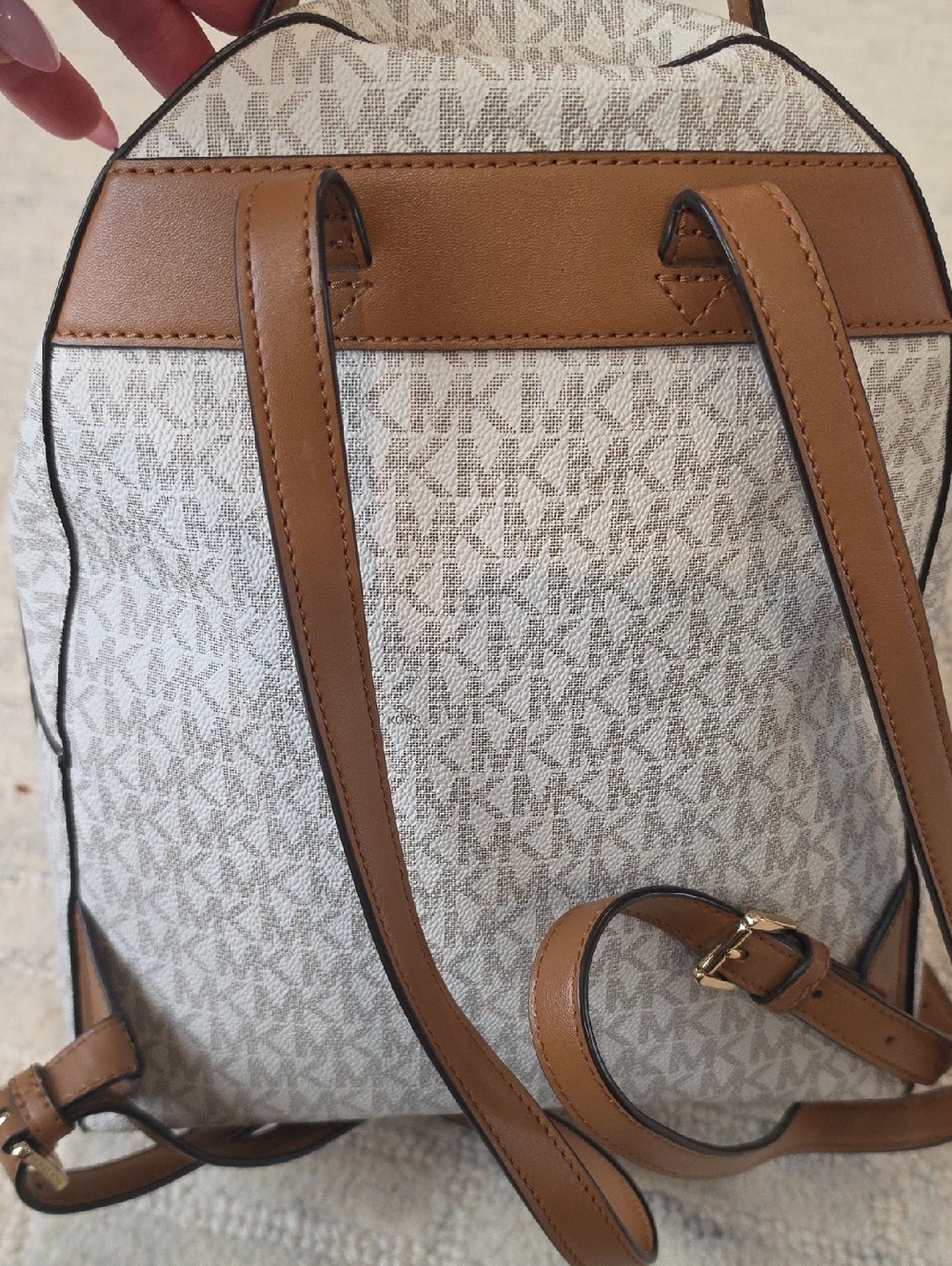 Michael Kors Cream Signature Logo Backpack with Brown Trim - Picture 3 of 8